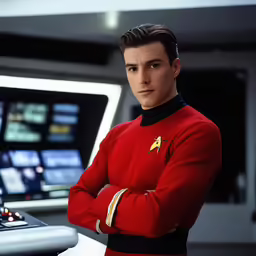 a star trek commander standing by a tv set