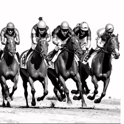 a row of three men riding horses in the dirt