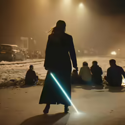 a person on the sidewalk holding a sabered light