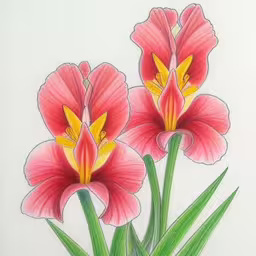 there are three red flowers with long green leaves,drawing with colored pencils of two red flowers