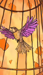 a small bird flying around a colorful birdcage