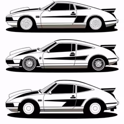 two different cars with the same design on them,three cars silhouettes one with no steering wheels and the other without on the front and back,an automobile car on a white background,the car in black and white is on the side,an outline drawing of a car in various stages of progression