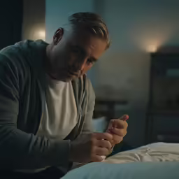 a man in white shirt on bed looking at cellphone