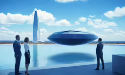 three people looking at a futuristic object that resembles the face of an alien