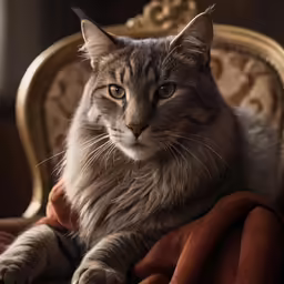 a fluffy cat resting on the arm of a fancy chair