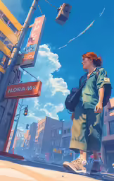a cartoon woman standing in front of a street sign