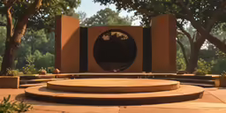 an outdoor space with large circles and stairs
