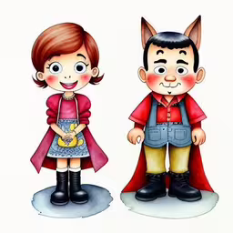 a couple of cartoon kids with one wearing a red cape,two children dressed up as dracula and bat,this is an image of a couple of cartoon characters,a child in front of another child who has pet,a child in front of another kid dressed as bat and cat