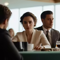 three people sitting at a table with coffee in hand