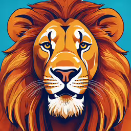 a lion with yellow eyes and big mane,the face of a lion with orange and blue background