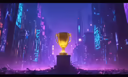 a trophy on top of a metal bowl in front of a purple and purple background