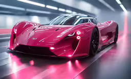 an artistic pink car is parked inside a building