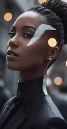 an afro woman in a black suit with white feather on the side of her head
