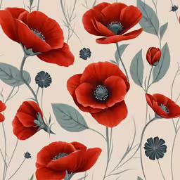 red flowers and leaves on a cream background