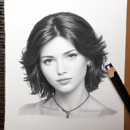 drawing of a young woman with necklace on paper