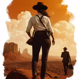 a poster depicting the image of two people walking