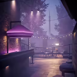 a patio with benches, tables and lights