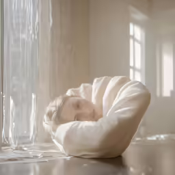 a woman with long hair in a white outfit laying on the floor