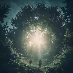 two people walking in a forest at sunrise