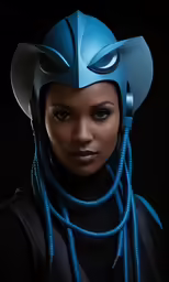 a woman wearing an alien headpiece on her face