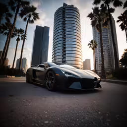 a sports car parked in front of some tall buildings