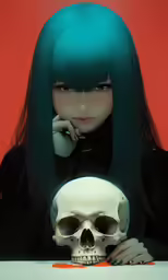 an image of a woman with green hair and skull