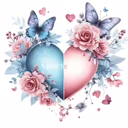 a heart shaped box and flowers on a white background