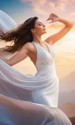 an attractive young woman in a white gown flying through the air