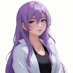 an anime girl with long purple hair and a black shirt