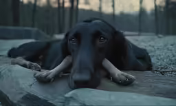 a black and brown dog is laying down on a rock