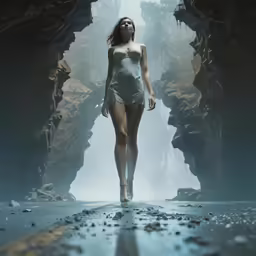 a woman in a short dress walks away from the cave