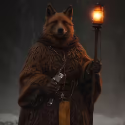 a person dressed as a bear holding a lantern and a light