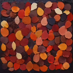 an assortment of red, orange and yellow leaf mosaics