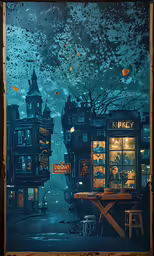 a painting of cityscape with lots of light coming down