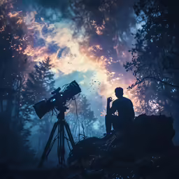 a man sitting at a camera watching something in the sky