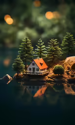 a miniature house sits on an island with trees around it