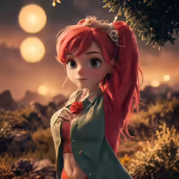 a cartoon illustration with a girl in dress with red hair