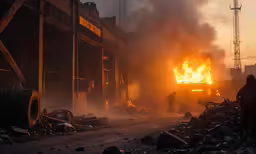 a large amount of debris and fire next to building