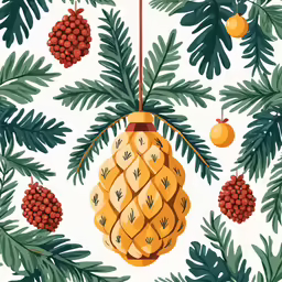 a pine cone hanging from a tree on a white background