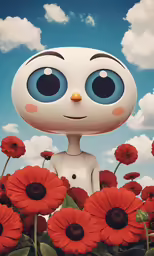 a cartoon image of a character standing amongst red flowers