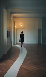 the woman is walking down the hall on her own back