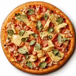 a large cooked pizza topped with lots of different toppings
