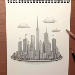 a drawing of a large city with buildings and skyscrapers,a sketch of a cityscape is shown in front of a spiral notebook with the drawing of a city