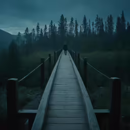 a person standing at the end of a wooden bridge