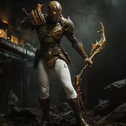 a toy figure wearing armor and holding a spear