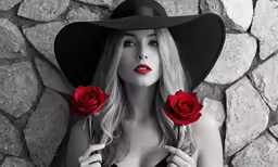 a woman with a red lipstick is wearing a hat and two roses