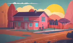 a painting of a person on a bicycle near a house,a painting of people standing outside a red house