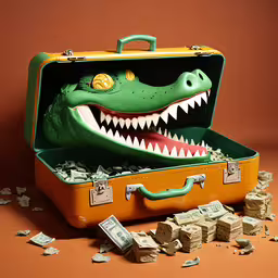 a suitcase has a crocodile on it and some dollar bills sitting on the floor,a yellow suitcase with money near a crocodile