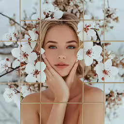 the beautiful woman is posing by the white flowers