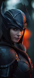 a woman dressed in knight clothes and black helmets